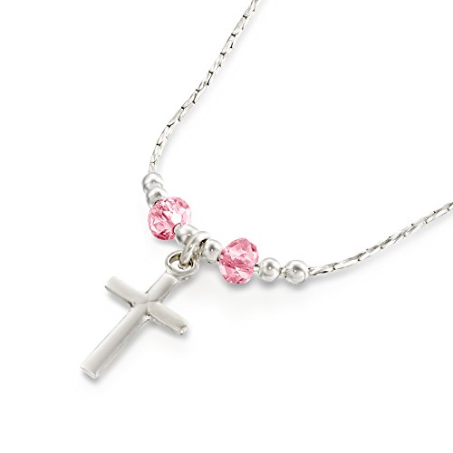 Girls Cross Pendant with Original Swarovski Rose Crystals 925 Sterling Silver Necklace, 16