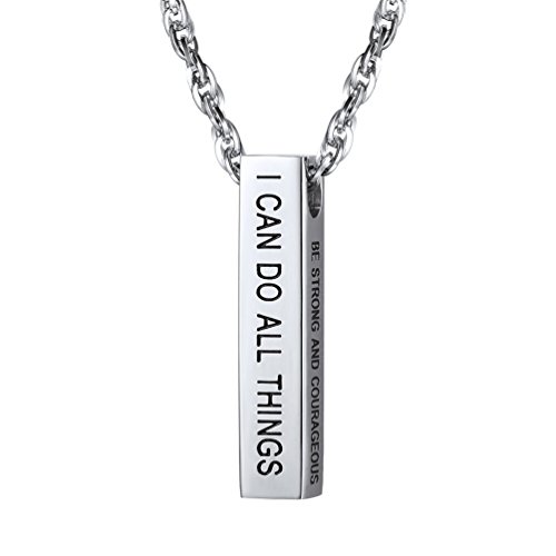 I Can Do All Things Philippians 4:13 Bible Quote - Religious Christian Catholic 3D Rectangle Pendant Necklace,Friendship Necklace,Gift,Men/Women,Silver Color,Stainless Steel Jewelry,PSP2887G