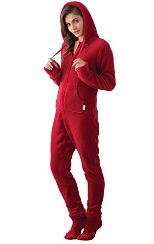 PajamaGram Women's Huggable Fleece Hoodie-Footie Onesie Pajamas, Red, MED (8-10)