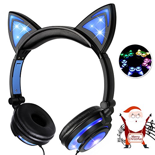 Bonwayer Kids Headphones with Cat Ear Adjustable LED Lights Wired On-ear Rechargeable Headsets 85dB Volume Limited 3.5 mm Jack for Children Halloween and Christamas Gift (Blue)