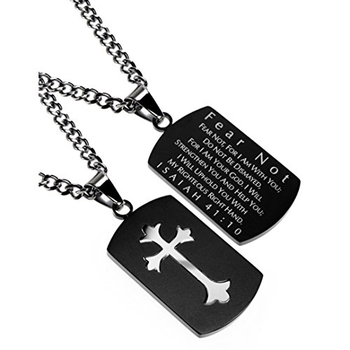 Christian Dog Tag, Fear Not, Bible Verse, Stainless Steel Curb Chain, Black Pendant (20)