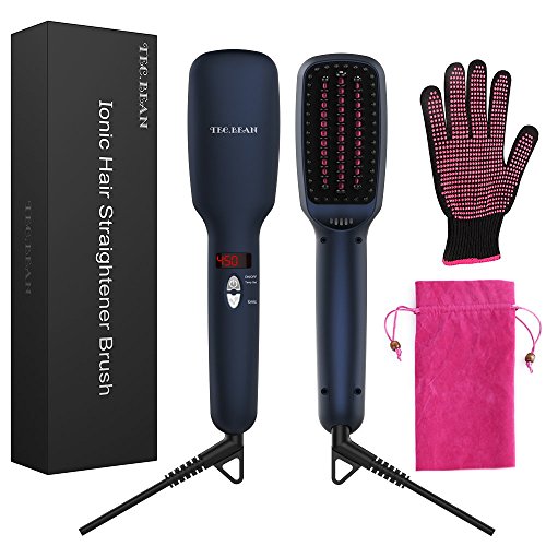 Ionic Hair Straightener Brush for Silky Frizz Free Hair, Anti-Scald Ceramic Straightener Comb Ionic Hair Brush for All Hair Types with Heat Resistant Glove