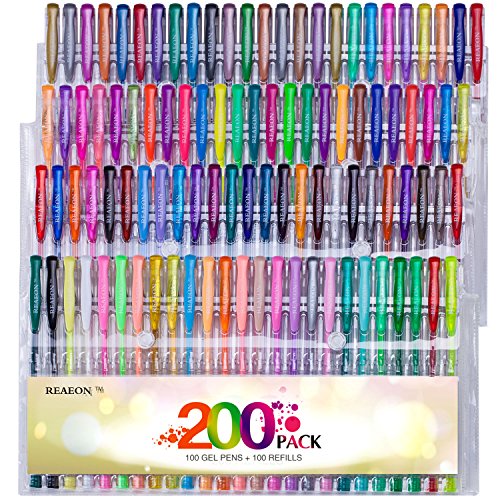 Reaeon 200 Gel Pens Coloring Set 100 Gel Pen plus Refills for Adults Coloring Books Drawing Painting Writing