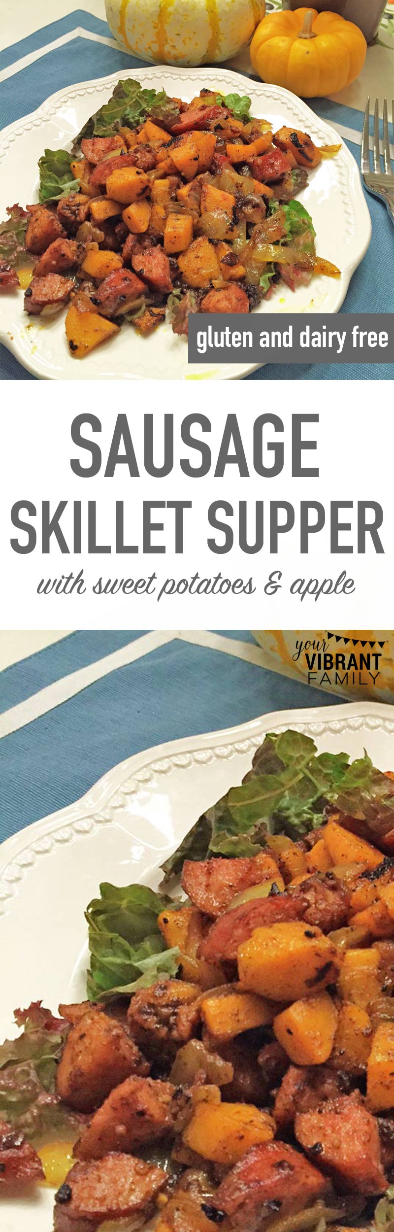 PERFECT Fall dinner recipe! Easy, gluten free and dairy free sausage skillet scramble combines sweet potatoes, apples and fall flavors like cinnamon and ginger to create an amazingly tasty easy weeknight meal! You’ll want to make this over and over!