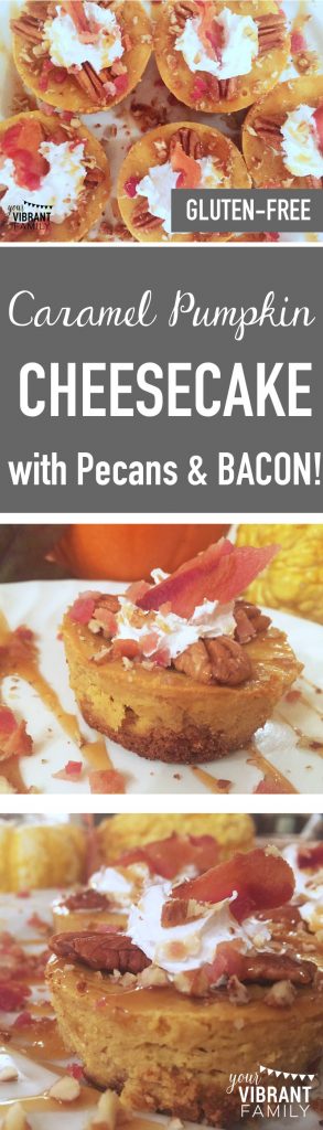 Caramel. BACON. Over pumpkin-flavored cheesecake. Sprinkled with pecans. Gluten free. Here’s the perfect Thanksgiving dessert! What a great remake of pumpkin pie!